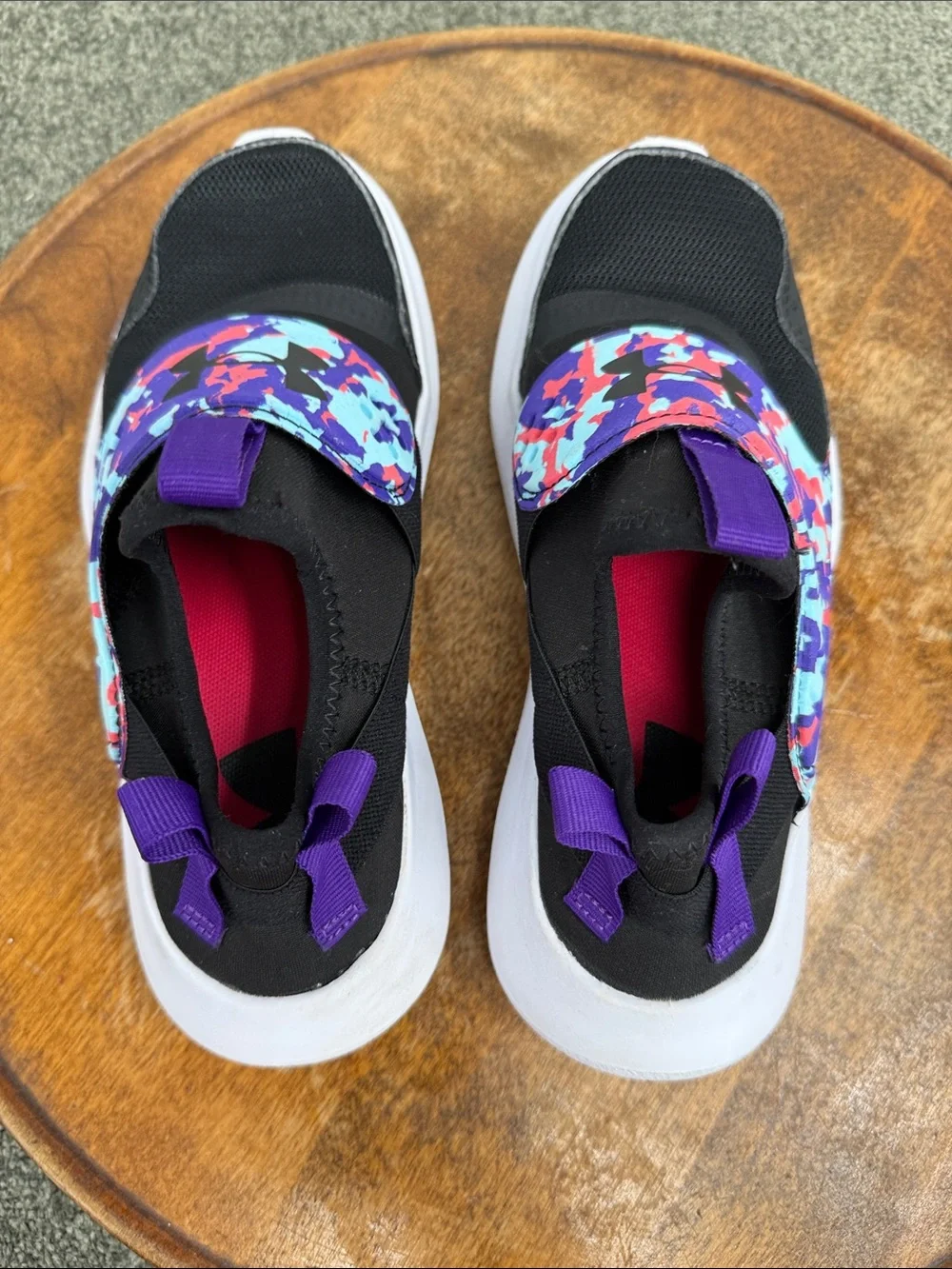 Under Armour Shoes Girls Kids 2 Slip On RunPlay Sneakers Black Purple Pink Camo